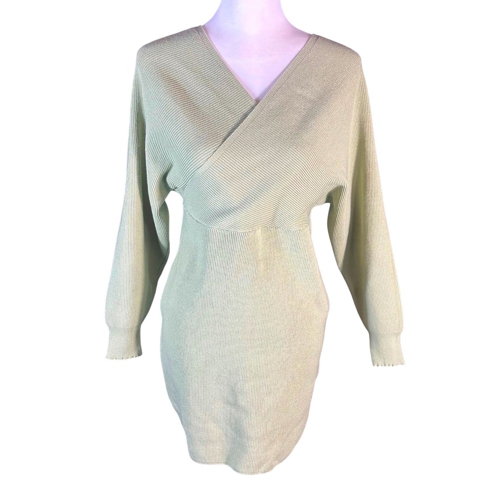 Halara Sweater Dress NWT Womens‎ Large Seagrass Green Ribbed Knit Wrap Surplice